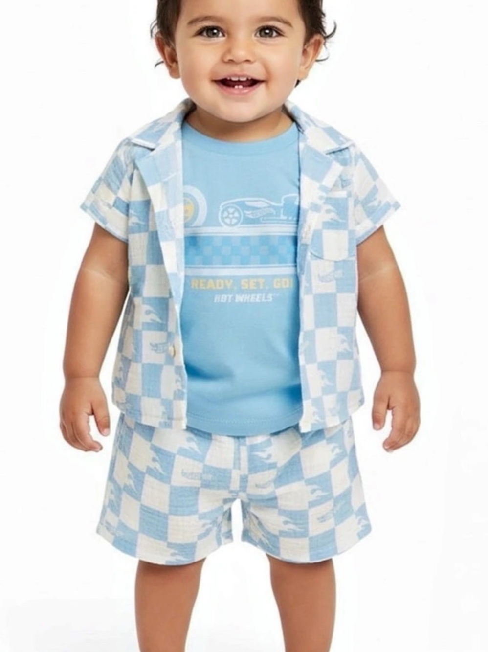 Hot Wheels Cotton Gauze Button Down Shirt, T-Shirt and Shorts 3 Piece Outfit Set